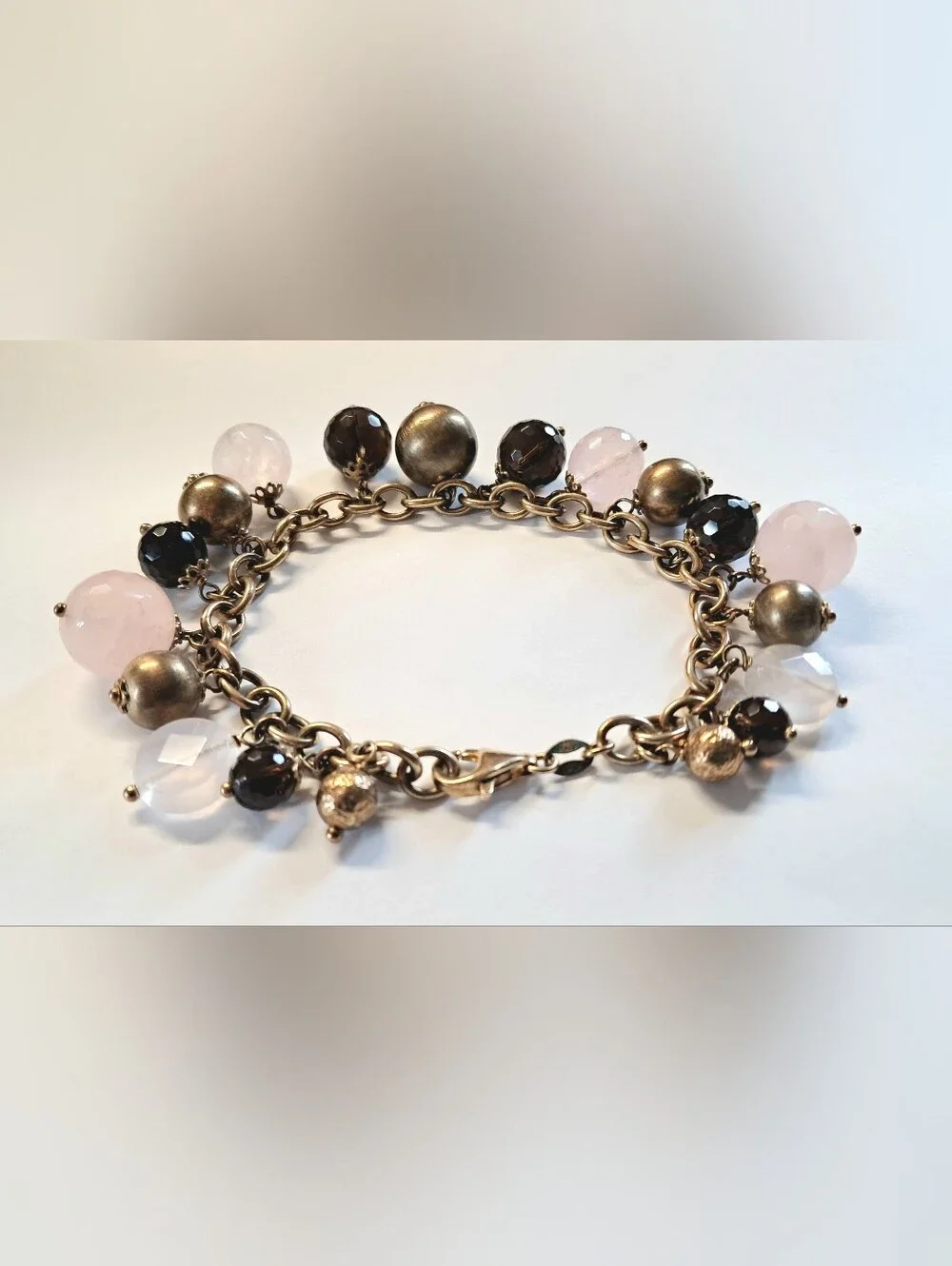 ITAOR Vintage Italy 925 Sterling Silver Heavy Smoky Rose Quartz Charm Bracelet